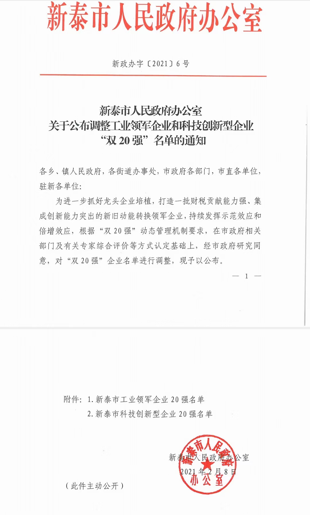 喜訊！公司榮獲“新泰市科技型創新企業20強”榮譽稱號(圖1)